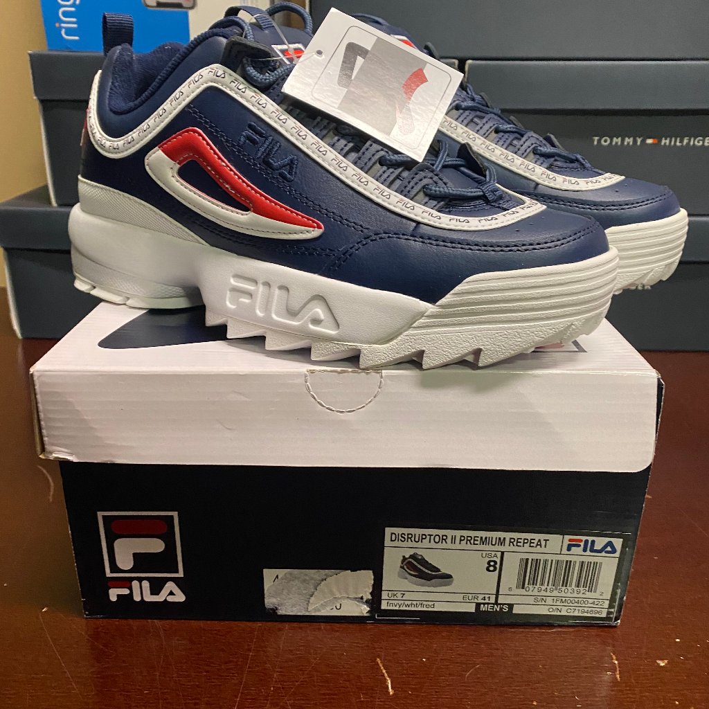 Fila Mens Navy Disruptor Ii Premium Repeat Low Top Sneaker Shoes Us8 Us9 Us9.5